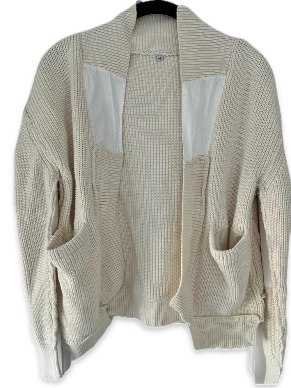 Off-white Open-Front Ribbed Knit Women's Cardigan Sweater with Elbow Patches - Picture 6 of 6